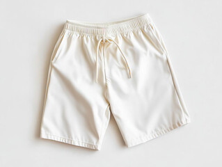 Blank men s swim trunks, flat lay on neutral background, drawstring visible, high-resolution fabric texture