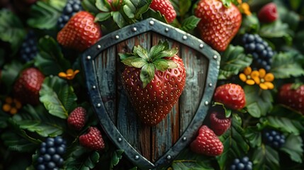 Wall Mural - A vibrant arrangement of berries and a shield, symbolizing protection and nature's bounty.