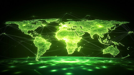 Poster - A futuristic map of the world showing a global social network. The image features a green, glowing Earth with interconnected lines, representing the internet and technology.