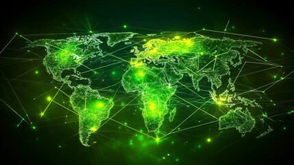 Wall Mural - A futuristic map of the world showing a global social network. The image features a green, glowing Earth with interconnected lines, representing the internet and technology.