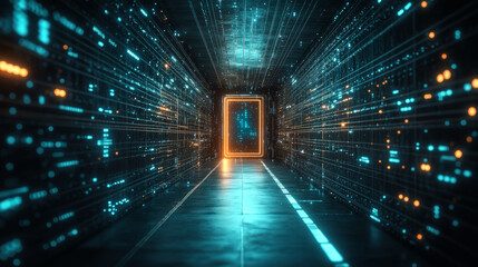 Poster - A glowing doorway in a tunnel filled with digital lights. It's a futuristic vision of a gateway to the digital world, like a portal to cyberspace or the metaverse.