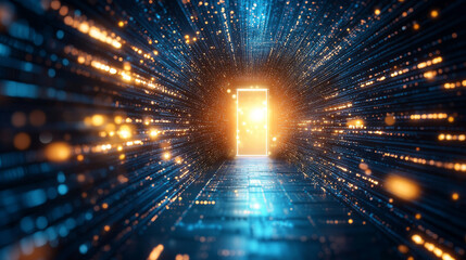 Poster - A glowing doorway in a tunnel filled with digital lights. It's a futuristic vision of a gateway to the digital world, like a portal to cyberspace or the metaverse.
