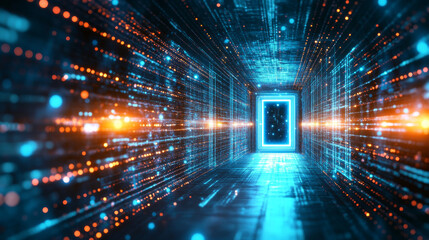 Poster - A glowing doorway in a tunnel filled with digital lights. It's a futuristic vision of a gateway to the digital world, like a portal to cyberspace or the metaverse.