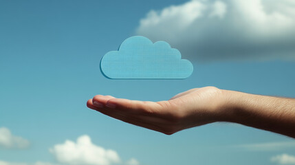 Poster - A hand holding a cloud icon represents cloud computing. This means storing and sharing data online, like photos and documents, instead of just on your computer.