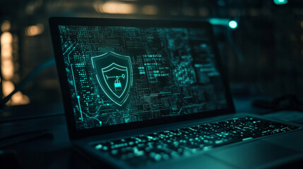 Poster - A laptop with a shield symbolizes the protection of digital data.  This represents cybersecurity measures like antivirus software, encryption, and data protection to keep information safe online.