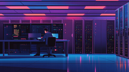 Poster - A man works on his laptop in a server room. A technician is busy with the computer equipment in the data center. The system administrator sets up the computer hardware.
