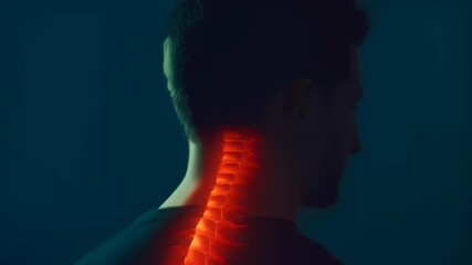 Poster - Man experiences neck pain, with his cervical vertebrae highlighted in red, indicating the source of discomfort and potential spinal injury