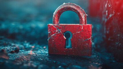 Poster - A red broken padlock warns of a security breach.  Data is under attack, passwords are compromised, and a virus might be present. The network is vulnerable.