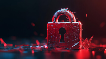 Poster - A red broken padlock warns of a security breach.  Data is under attack, passwords are compromised, and a virus might be present. The network is vulnerable.