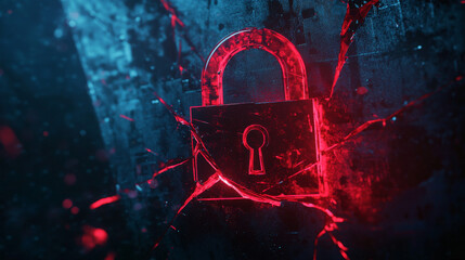 Poster - A red broken padlock warns of a security breach.  Data is under attack, passwords are compromised, and a virus might be present. The network is vulnerable.