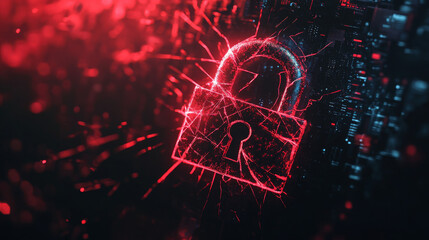 Poster - A red broken padlock warns of a security breach.  Data is under attack, passwords are compromised, and a virus might be present. The network is vulnerable.