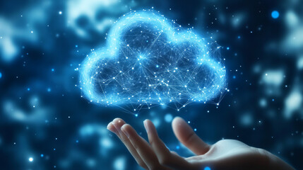 Poster - A simple picture showing the idea of cloud computing. It uses abstract shapes to represent how data is stored and shared online, connecting computers, databases, and mobile devices.