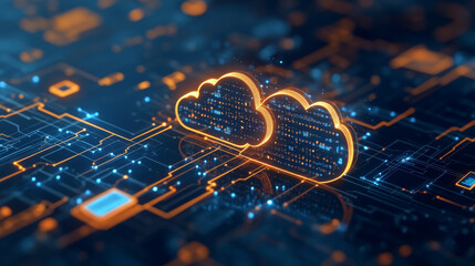 Poster - A simple picture showing the idea of cloud computing. It uses abstract shapes to represent how data is stored and shared online, connecting computers, databases, and mobile devices.