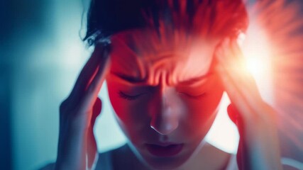 Wall Mural - Young woman suffering from a strong migraine and touching her head with hands and closed eyes, highlighted with red light