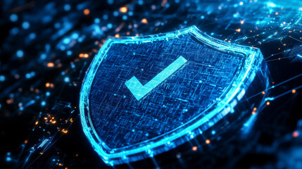 Poster - A strong blue shield with a checkmark symbolizes the protection of your data. This represents secure technology, protecting your information online and keeping you safe.