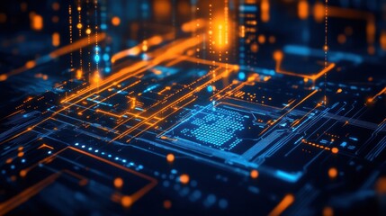 Poster - A vibrant digital circuit board with glowing lines and data points, symbolizing technology.