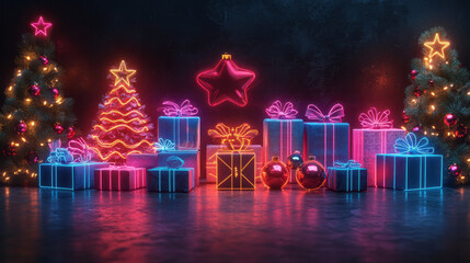 Poster - Dynamic x-ray style with thick, neon outlines on Christmas items, creating a striking, modern holiday aesthetic,