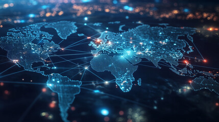 Poster - A world map showing interconnected lines and dots, representing a global network of businesses and connections.