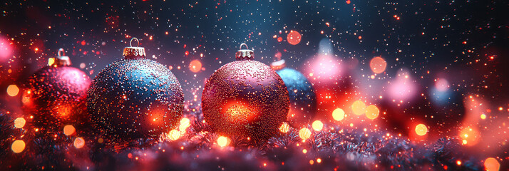 Poster - Christmas items in glitch art style, with ornaments and snowflakes slightly pixelated and warped for a trendy digital vibe,