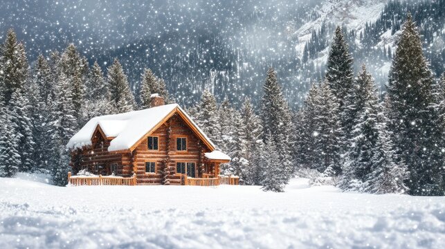 Christmas card with a cozy cabin in snow, surrounded by evergreen trees and twinkling stars. Warm holiday spirit captured.