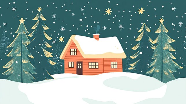 Christmas card with a cozy cabin in snow, surrounded by evergreen trees and twinkling stars. Warm holiday spirit captured.
