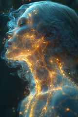 Poster - A glowing silhouette of the respiratory system with soft particles floating around, representing allergens in a clean, medical aesthetic,