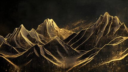 Leinwandbilder - Gold line art of mountains with smooth lines, set on a dark background, giving an opulent and timeless feel.
