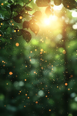 Poster - Photorealistic image of pollen particles floating in sunlight with a blurred green background, symbolizing seasonal allergies,