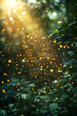 Poster - Photorealistic image of pollen particles floating in sunlight with a blurred green background, symbolizing seasonal allergies,