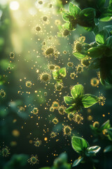 Poster - Photorealistic image of pollen particles floating in sunlight with a blurred green background, symbolizing seasonal allergies,
