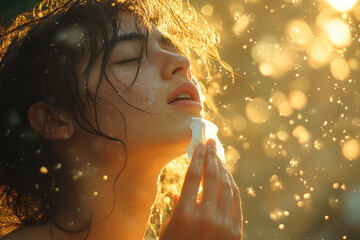 Poster - Image of a person outdoors, sneezing with a tissue in hand, with sunlight illuminating the particles in the air,