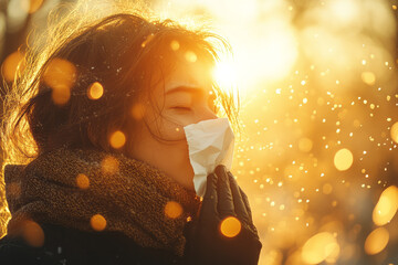 Aufkleber - Image of a person outdoors, sneezing with a tissue in hand, with sunlight illuminating the particles in the air,