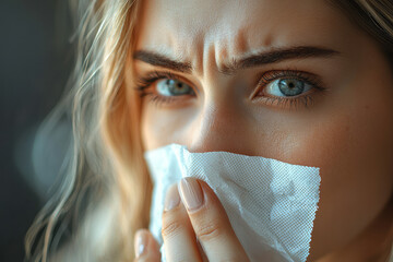 Poster - Close-up of a persons hand holding a tissue, with slight redness visible on their nose, capturing a candid allergy moment,