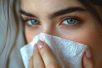 Poster - Close-up of a persons hand holding a tissue, with slight redness visible on their nose, capturing a candid allergy moment,