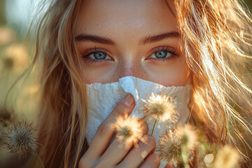 Poster - Close-up of a persons hand holding a tissue, with slight redness visible on their nose, capturing a candid allergy moment,