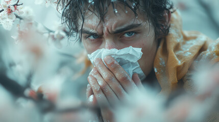 Poster - Realistic photo of a man sneezing into a tissue with a concerned expression, surrounded by trees in springtime,