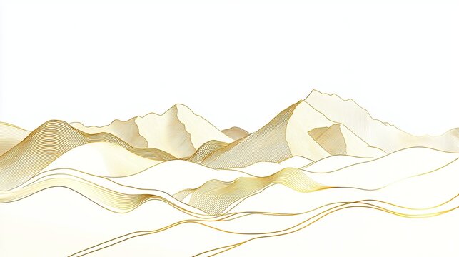 Minimalist line art of mountains in gold, smooth and elegant, perfect for a high-end wallpaper or background.