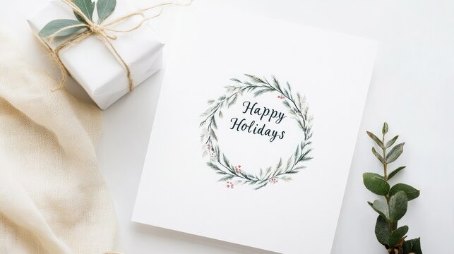 Modern Christmas card with white background, minimalist wreath, and 