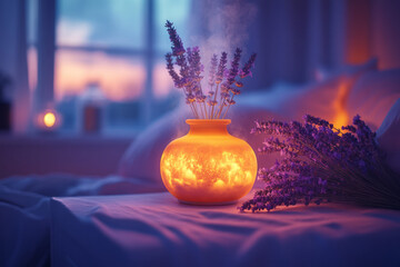 Poster - Photorealistic shot of lavender and a diffuser on a nightstand, symbolizing calming scents for a better sleep environment,