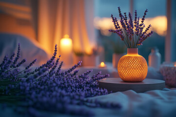 Poster - Photorealistic shot of lavender and a diffuser on a nightstand, symbolizing calming scents for a better sleep environment,