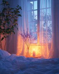 Aufkleber - A tranquil bedroom scene with a diffuser emitting lavender mist, creating a calming setting for sleep quality improvement,