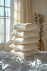 Poster - Photorealistic image of soft, fluffy pillows stacked on a neatly made bed, symbolizing a cozy and inviting sleep environment,