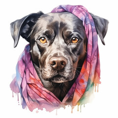 Wall Mural - Portrait of a dog painted in watercolor with a colorful bandana on a white background, art design