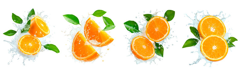 Wall Mural - Set of orange slices and halves with water splashes and green leaves isolated on transparent