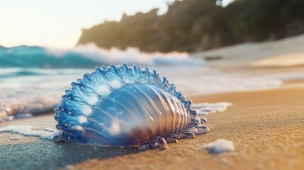 Poster - A blue jellyfish is laying on the beach