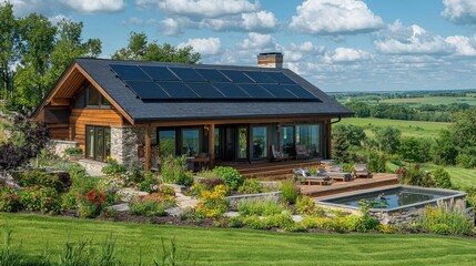 Modern eco-friendly house with solar panels surrounded by lush greenery in a scenic rural landscape on a sunny day