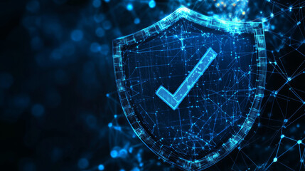 Poster - A strong blue shield with a checkmark symbolizes the protection of your data. This represents secure technology, protecting your information online and keeping you safe.