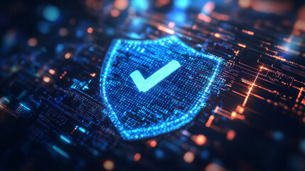 Poster - A strong blue shield with a checkmark symbolizes the protection of your data. This represents secure technology, protecting your information online and keeping you safe.
