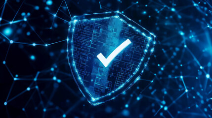 Poster - A strong blue shield with a checkmark symbolizes the protection of your data. This represents secure technology, protecting your information online and keeping you safe.