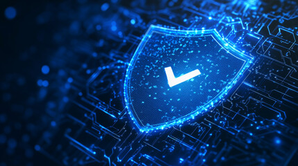 Poster - A strong blue shield with a checkmark symbolizes the protection of your data. This represents secure technology, protecting your information online and keeping you safe.